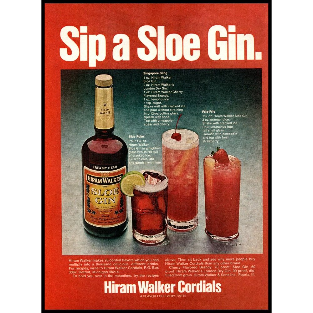 1974 Hiram Walker Sloe Gin Cocktails Vintage Print Ad Bar Man Cave Wall Art